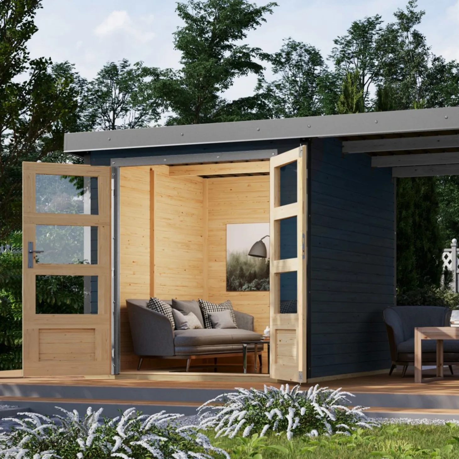 Gartenhaus Hybrid Modern X mit Anbaudach