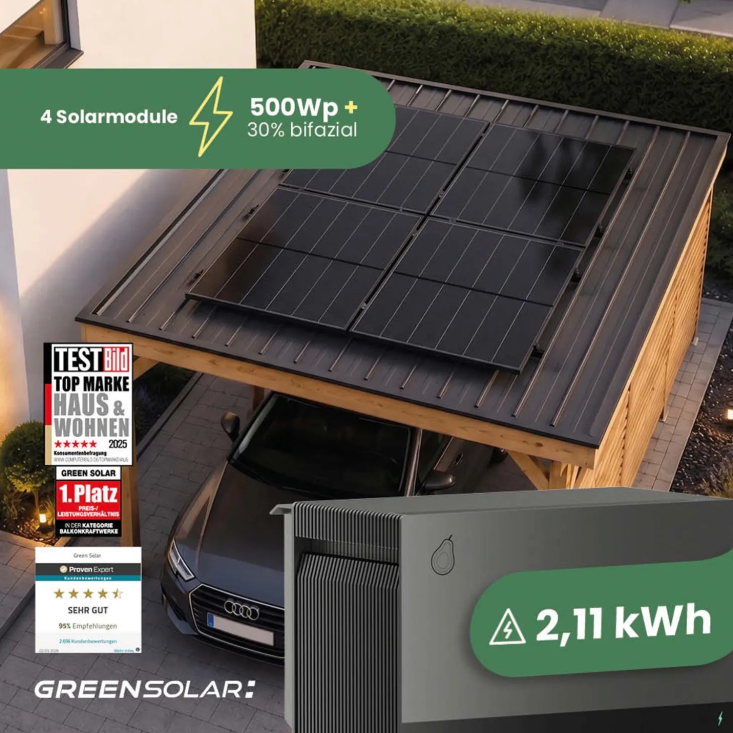 GREEN SOLAR Mini-PV-Anlage 2.000 W mit Balkonkraftwerk-Speicher 2,11 kWh