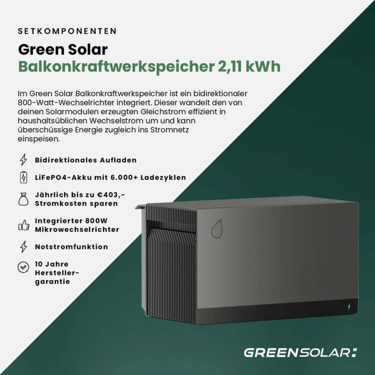 GREEN SOLAR Mini-PV-Anlage 2.000 W mit Balkonkraftwerk-Speicher 2,11 kWh