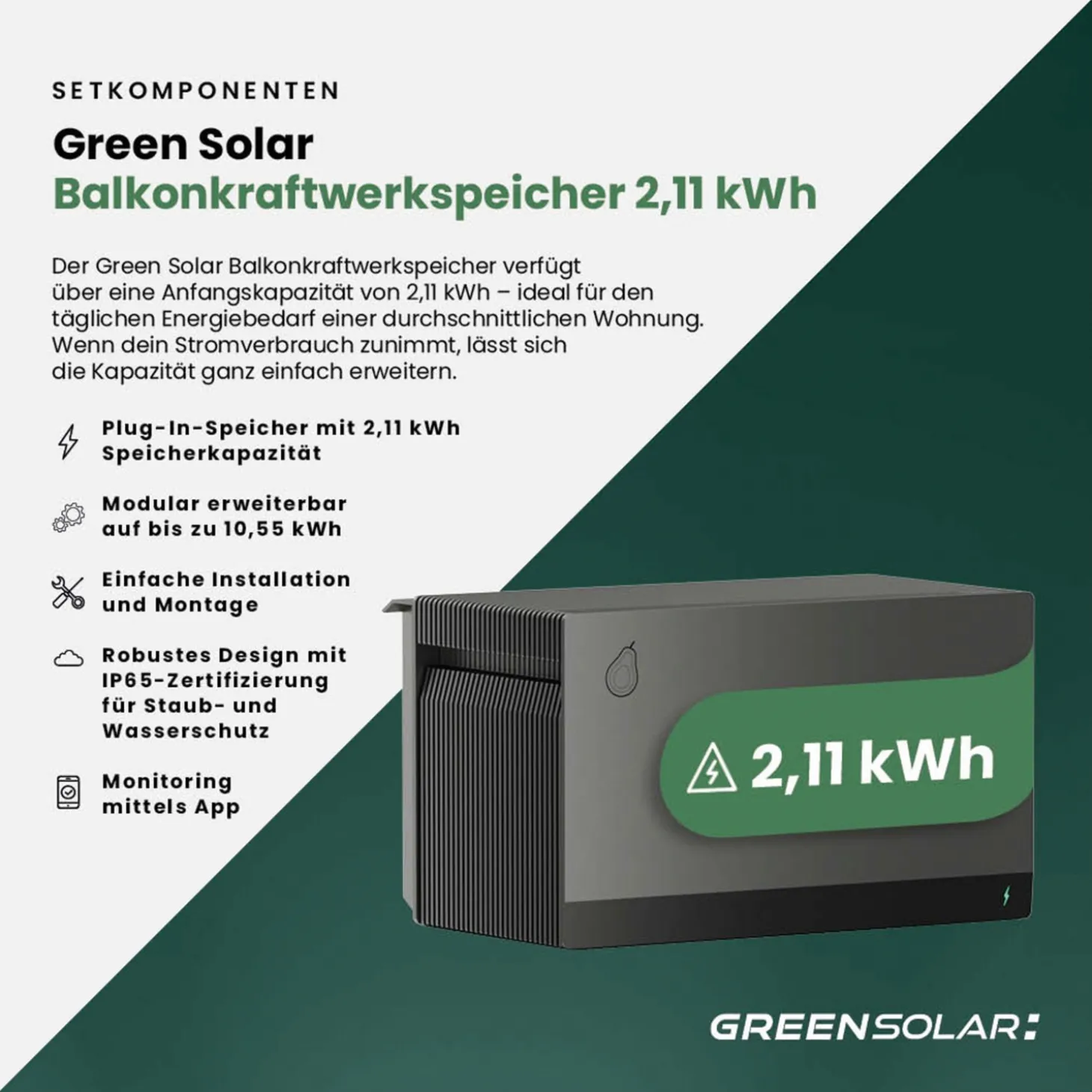 GREEN SOLAR Mini-PV-Anlage 2.000 W mit Balkonkraftwerk-Speicher 2,11 kWh