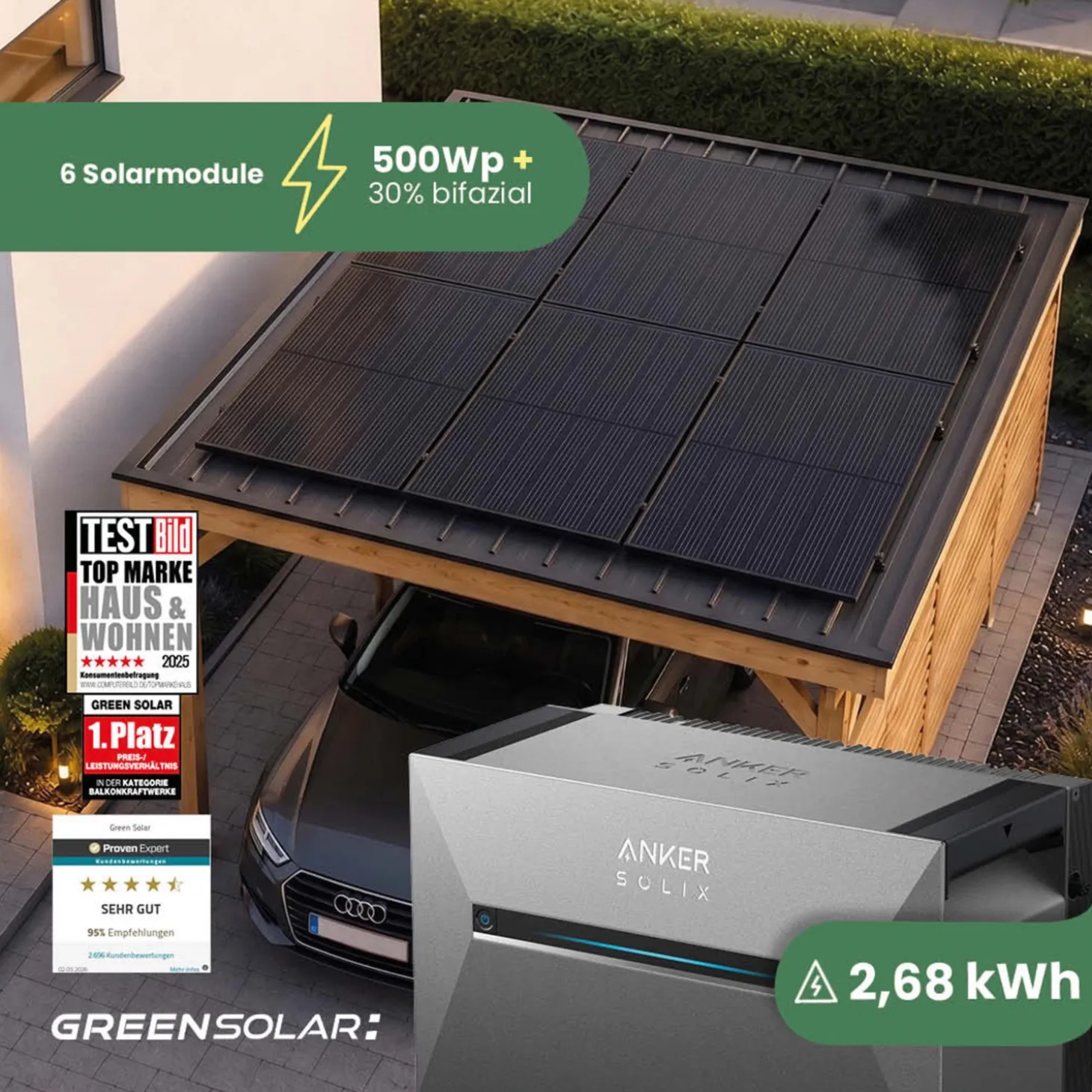 GREEN SOLAR Mini-PV-Anlage 3.000 W mit 2,67 kWh Anker Solix 3 Speicher