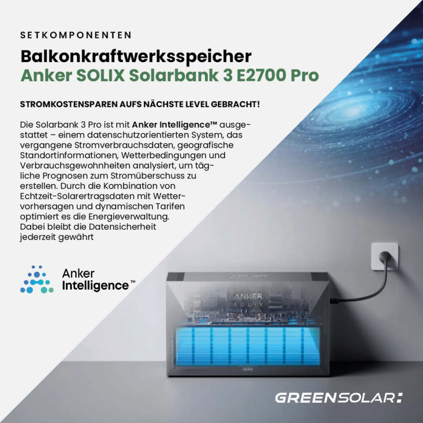 GREEN SOLAR Mini-PV-Anlage 3.000 W mit 2,67 kWh Anker Solix 3 Speicher
