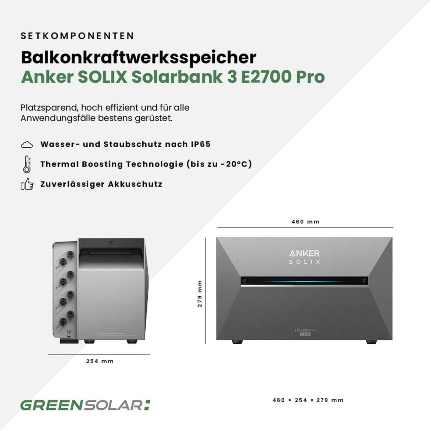 GREEN SOLAR Mini-PV-Anlage 3.000 W mit 2,67 kWh Anker Solix 3 Speicher