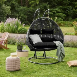 HOME DELUXE TWIN DELUXE Polyrattan Hängesessel mit Regenabdeckung Schwarz